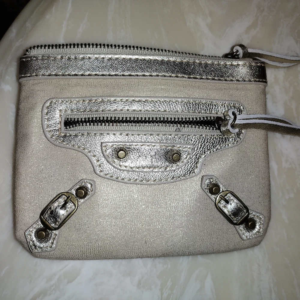 Balenciaga Paris Gold Leather Trim Card Coin Zip Holder